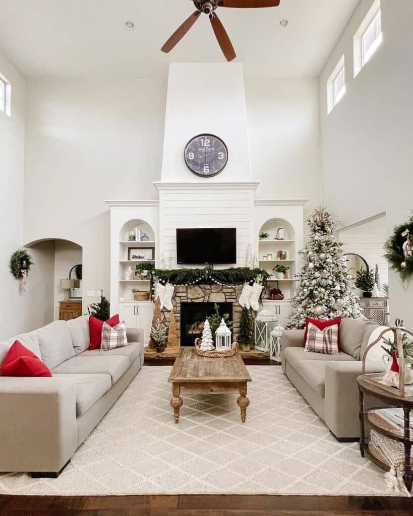 2 Story Living Room with Stone and Shiplap Fireplace