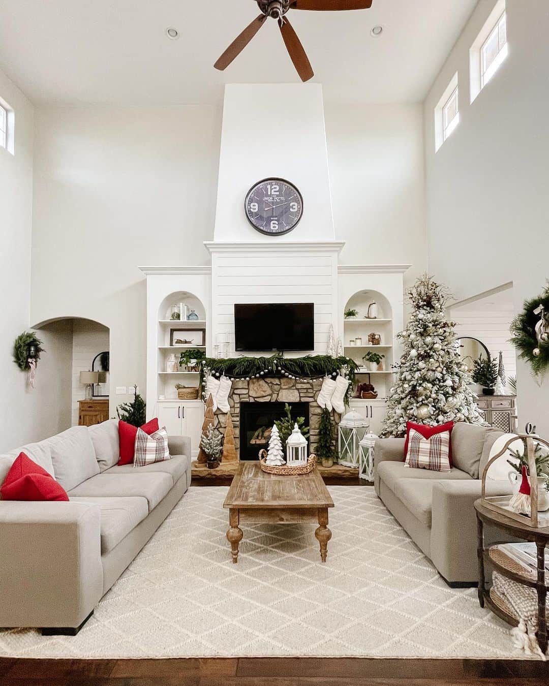2 Story Living Room with Stone and Shiplap Fireplace - Soul & Lane
