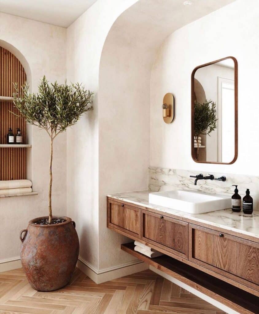 Bathroom Marble Countertop Vanity And Herringbone Tiles