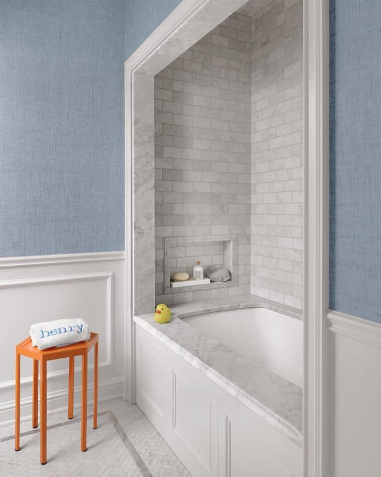 Bathroom with Gray Marble Tile Bathtub