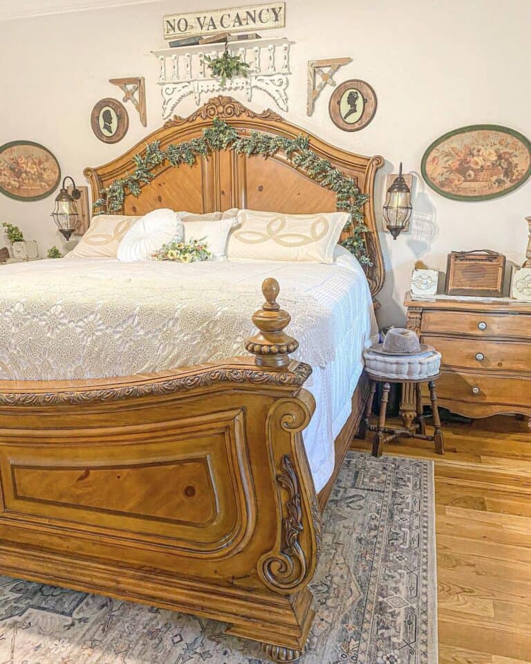 Bedroom with Stained Wood Antique Bed Frame