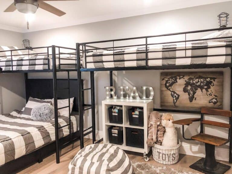 Black Metal Beds in Bunk Room for 3