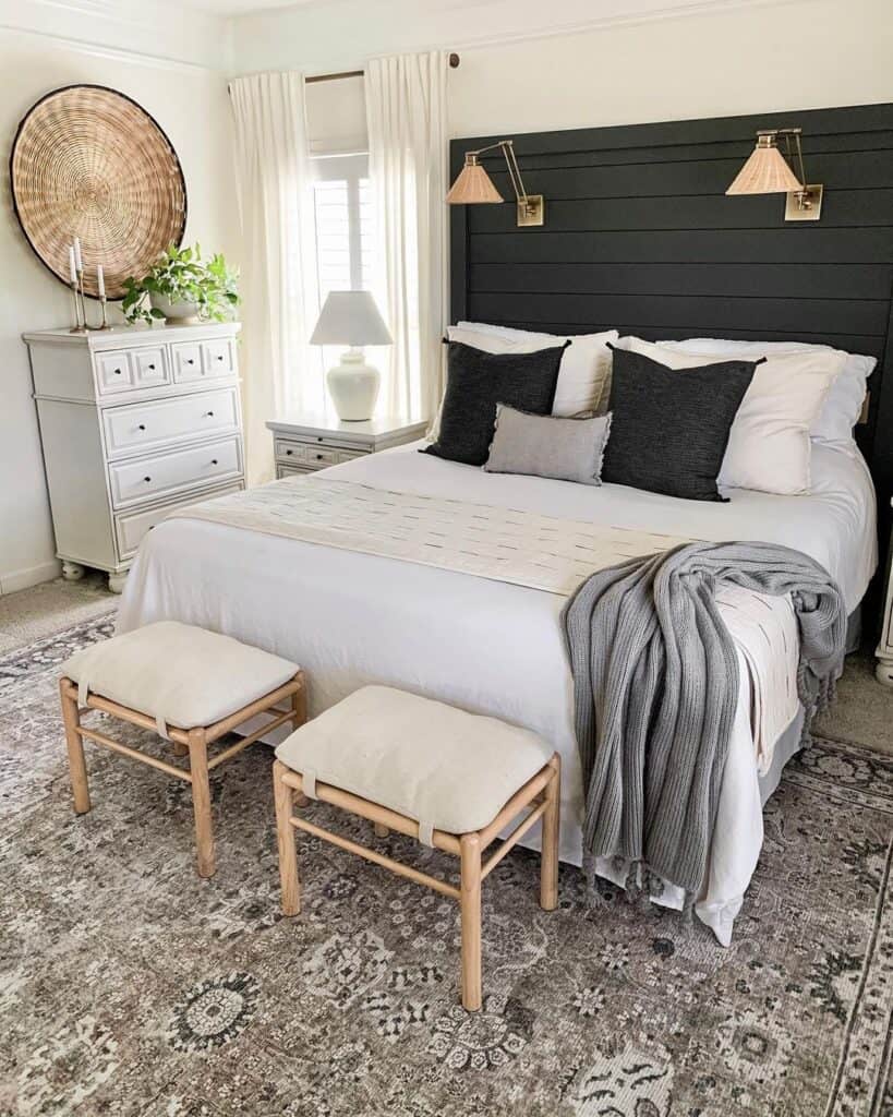 Black Shiplap Bed with White Lamp