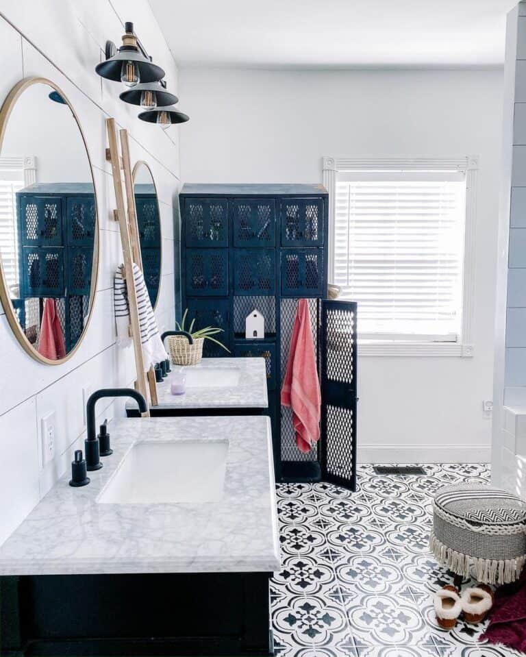 Black Washstands with Brass Oval Bathroom Mirrors