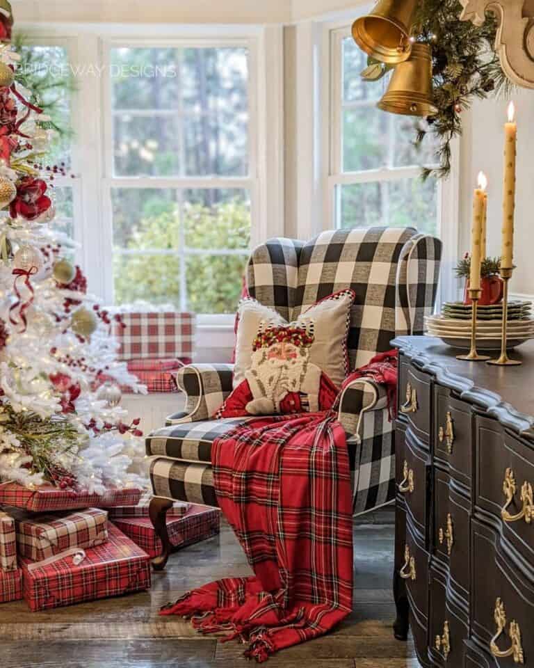 Black and White Checkered Armchair with Christmas Throw and Pillow
