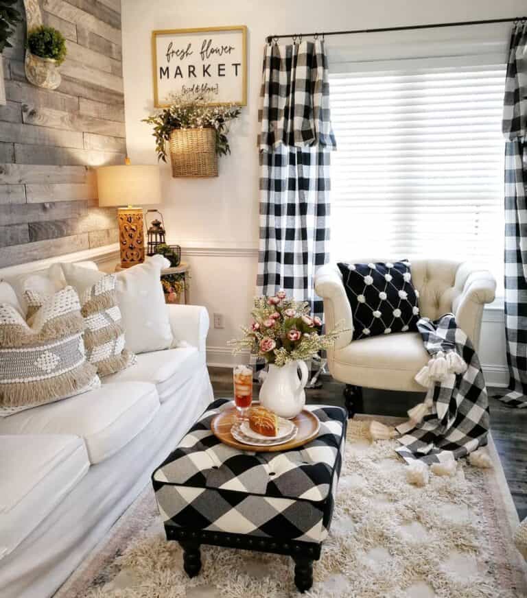 Black and White Plaid Ottoman with a Round Wood Tray