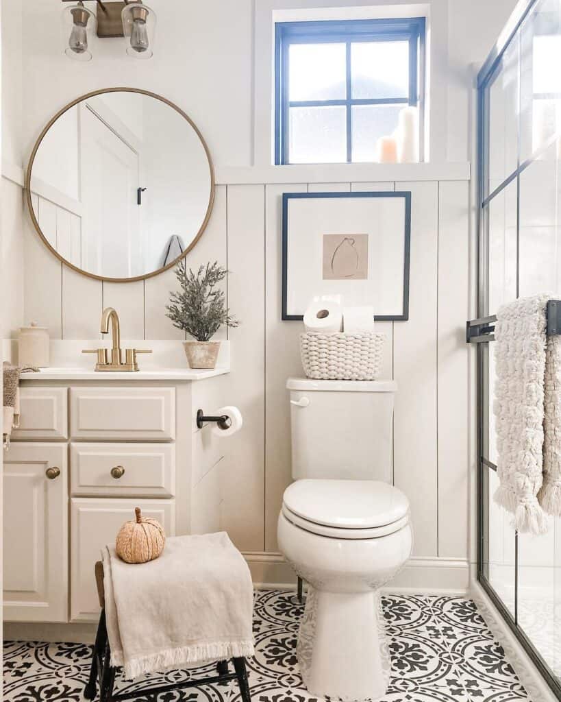 Black and White Shiplap Bathroom With Decorative Baseboard