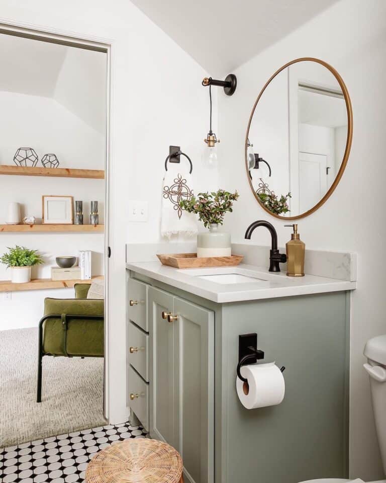 Blue Grey Bathroom with White and Black Tile