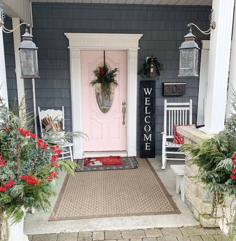 Blush Pink Front Door and Rustic Lanterns
