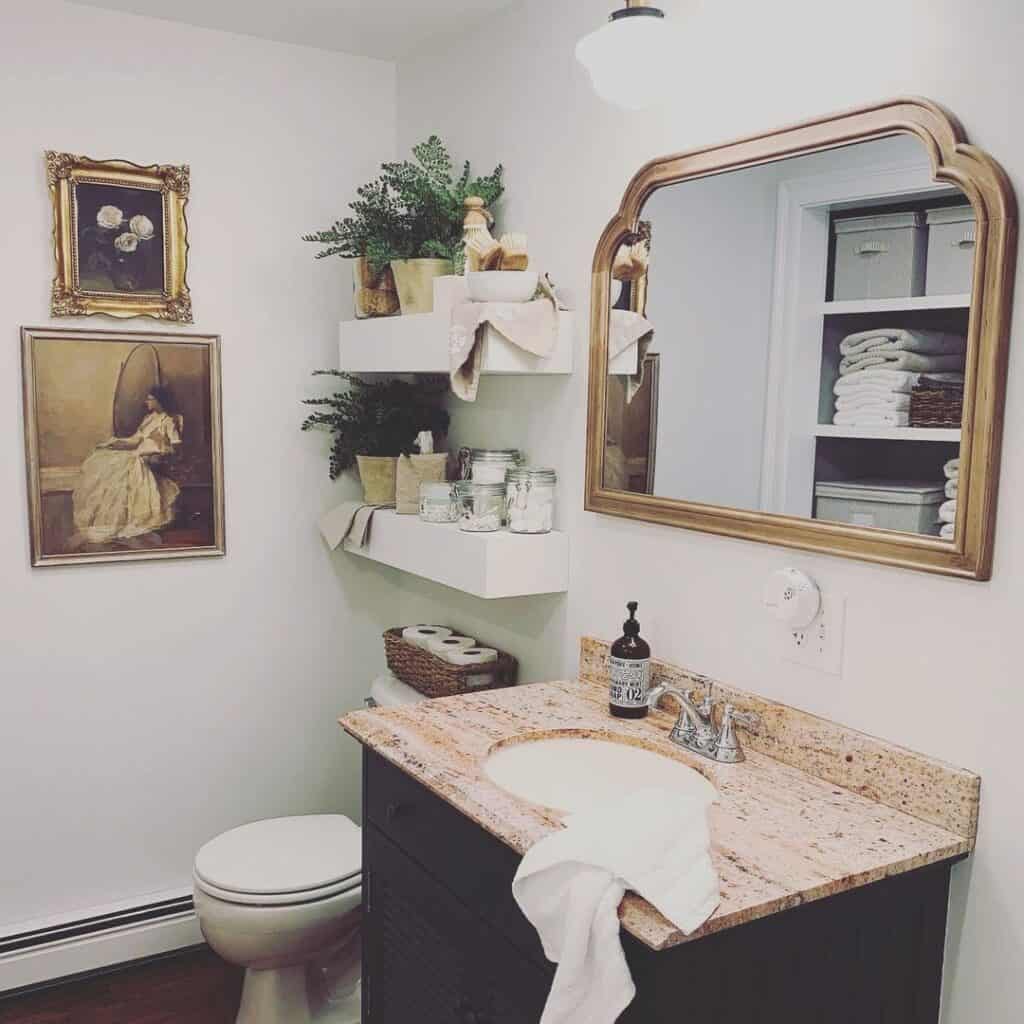 Brass Accent Mirror & Bathroom Marble Countertop