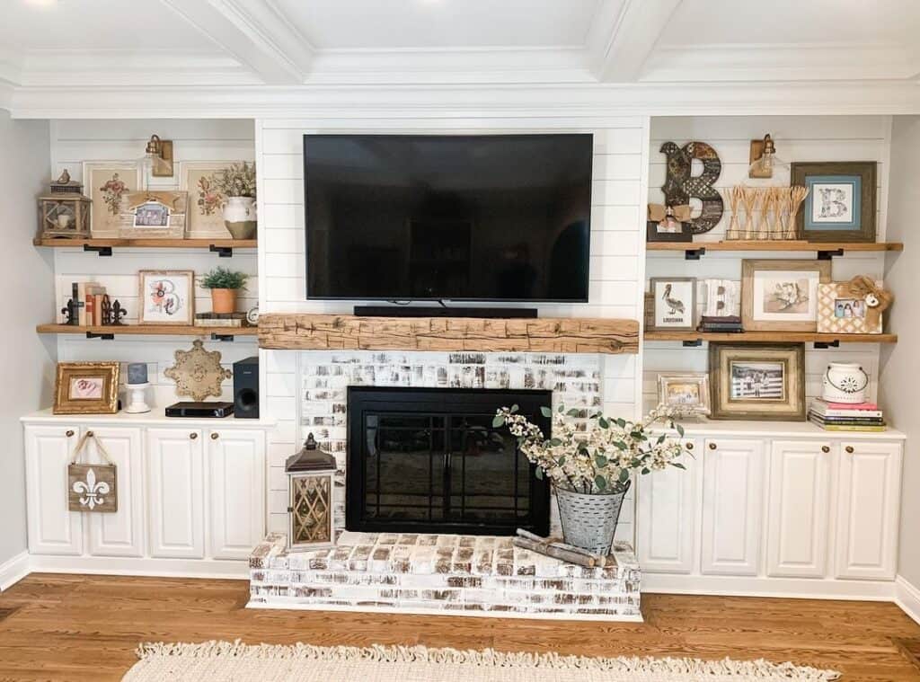 Brick Fireplace with Shiplap Walls