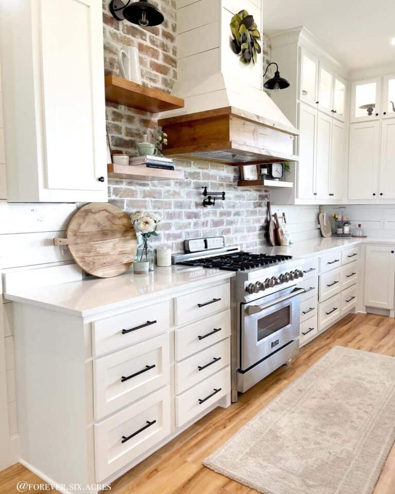 Brick and Shiplap Kitchen With Pot Filler
