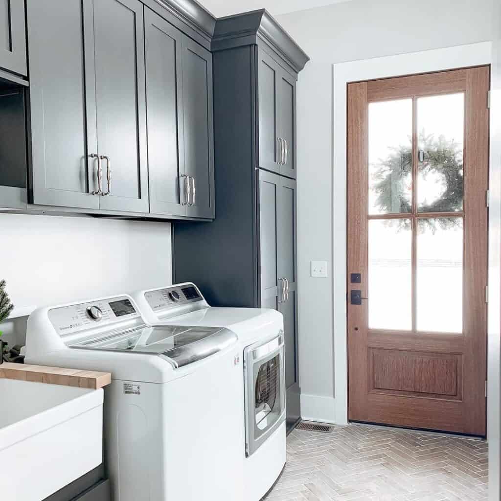 Brown Herringbone Tile in a Laundry Room