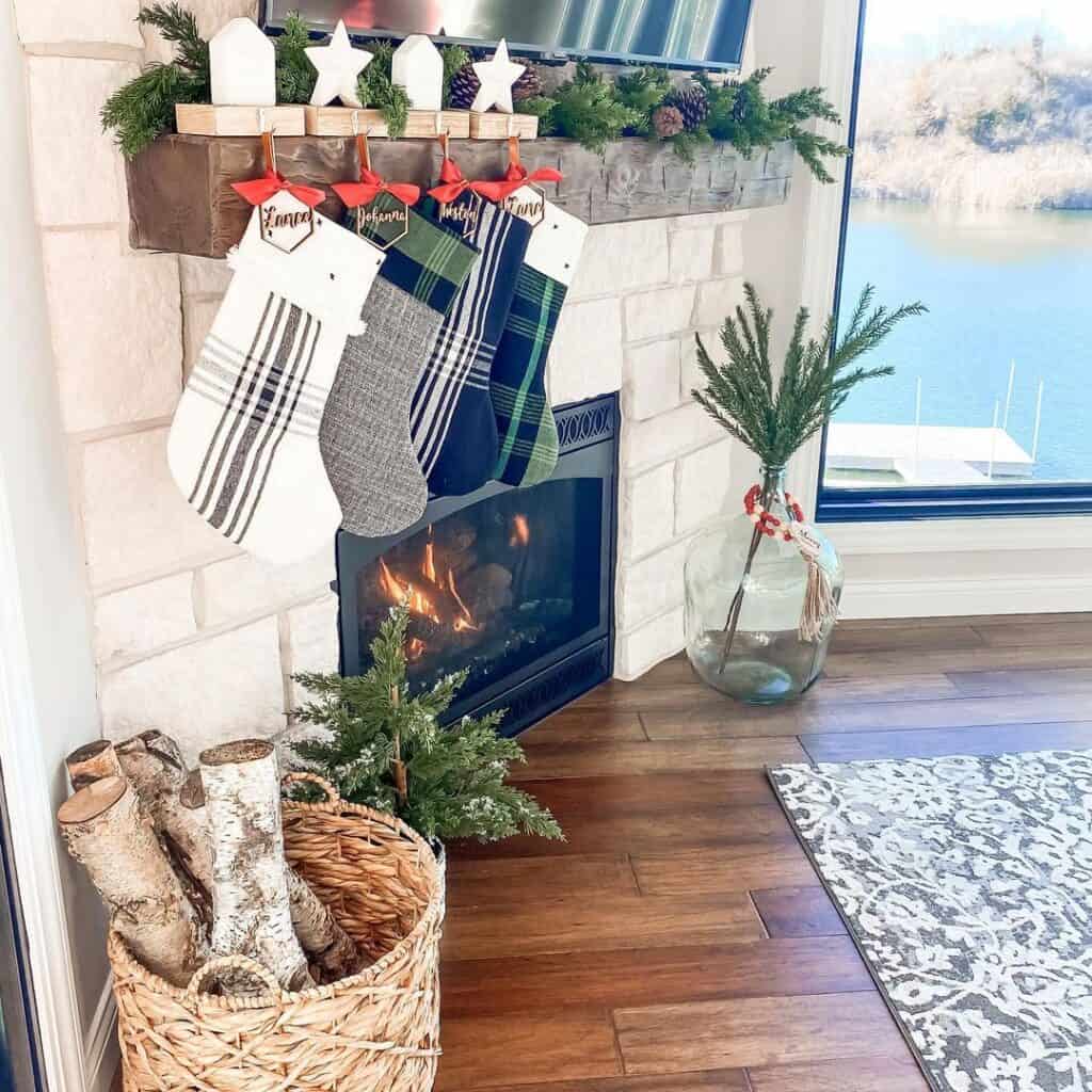 Christmas Stockings on Wood Fireplace Mantel