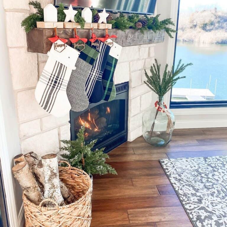 Christmas Stockings on Wood Fireplace Mantel