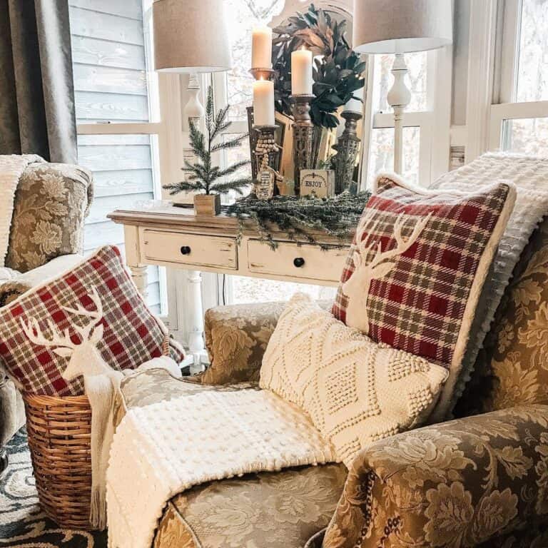 Christmas Throw Pillows on Beige Armchairs