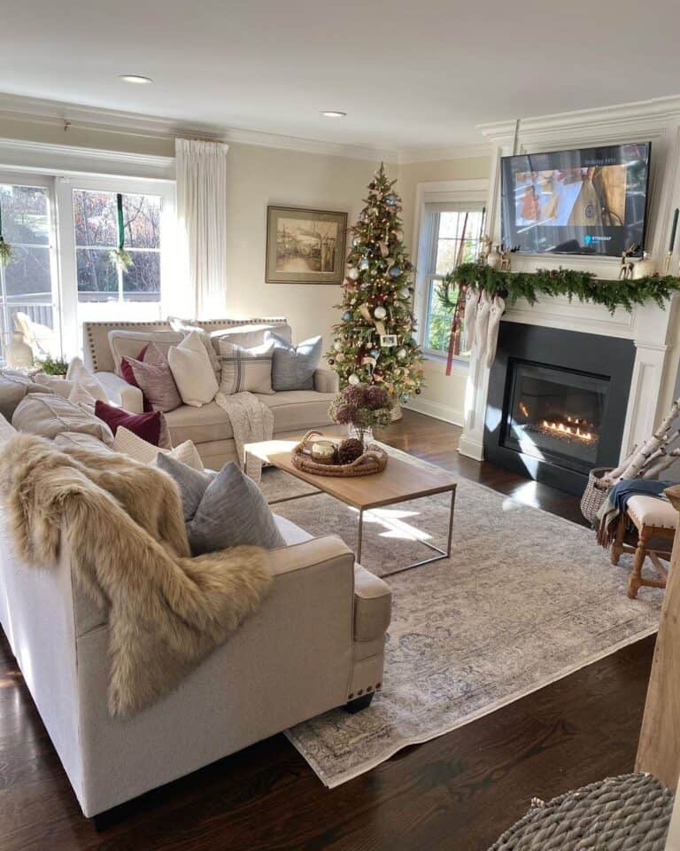 Christmas Throws and Stockings Over the Fireplace