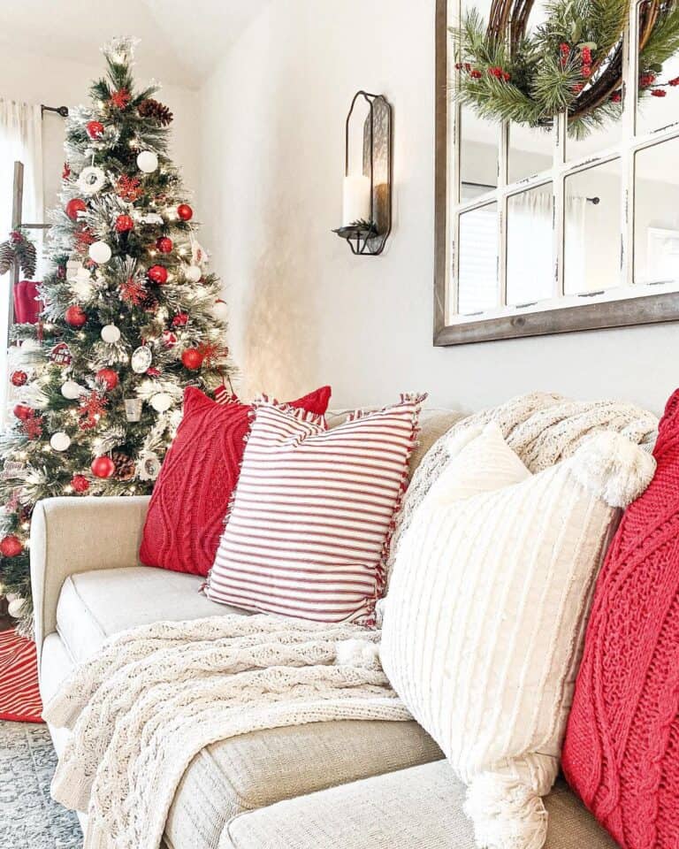 Christmas Tree with Red and White Christmas Pillows