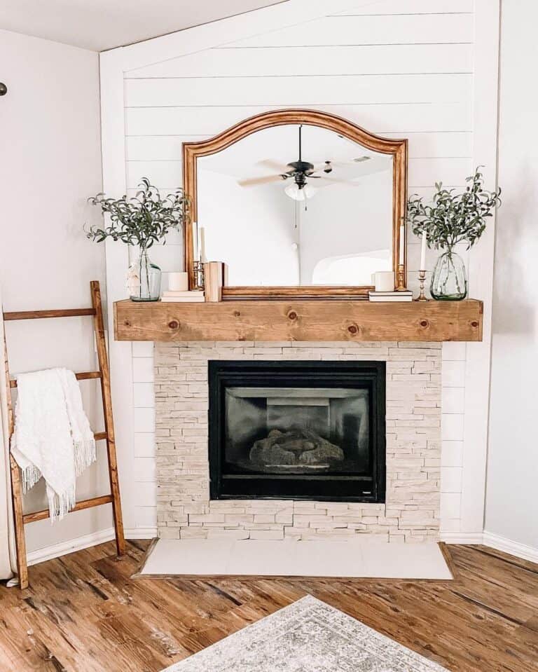 Corner Fireplace Mantel with Gold Frame Mirror