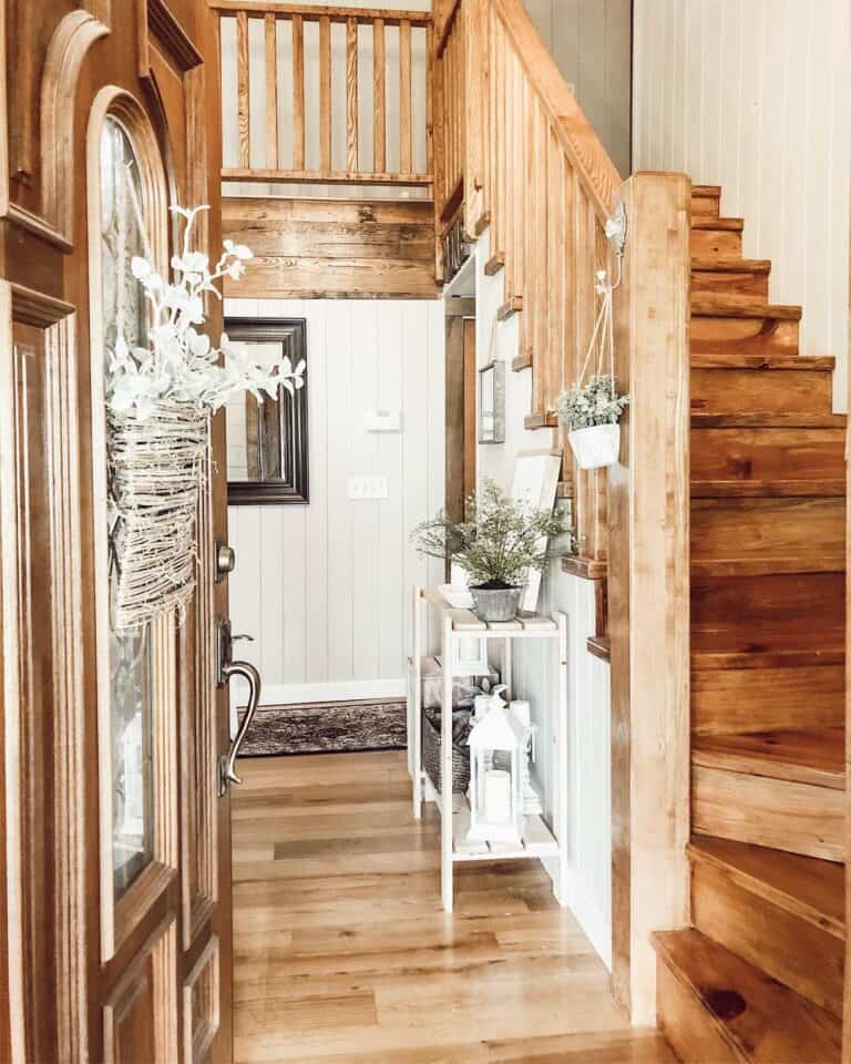 Curved Wooden Staircase with Square Spindles