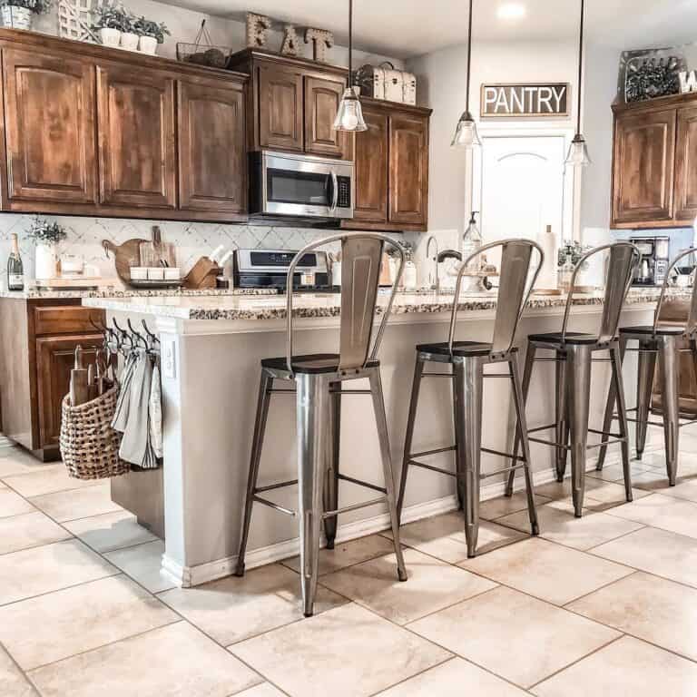 Dark Brown Kitchen Cabinets with Metal Bar Stools