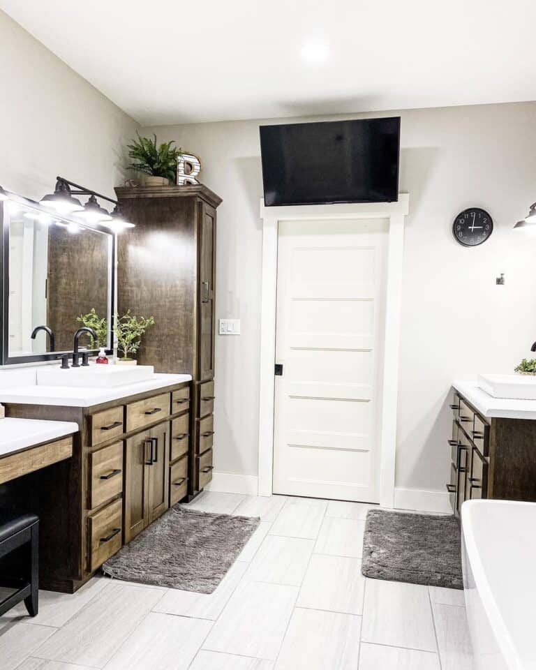Dark Wood and Light Gray Bathroom with Flat Baseboards Soul & Lane