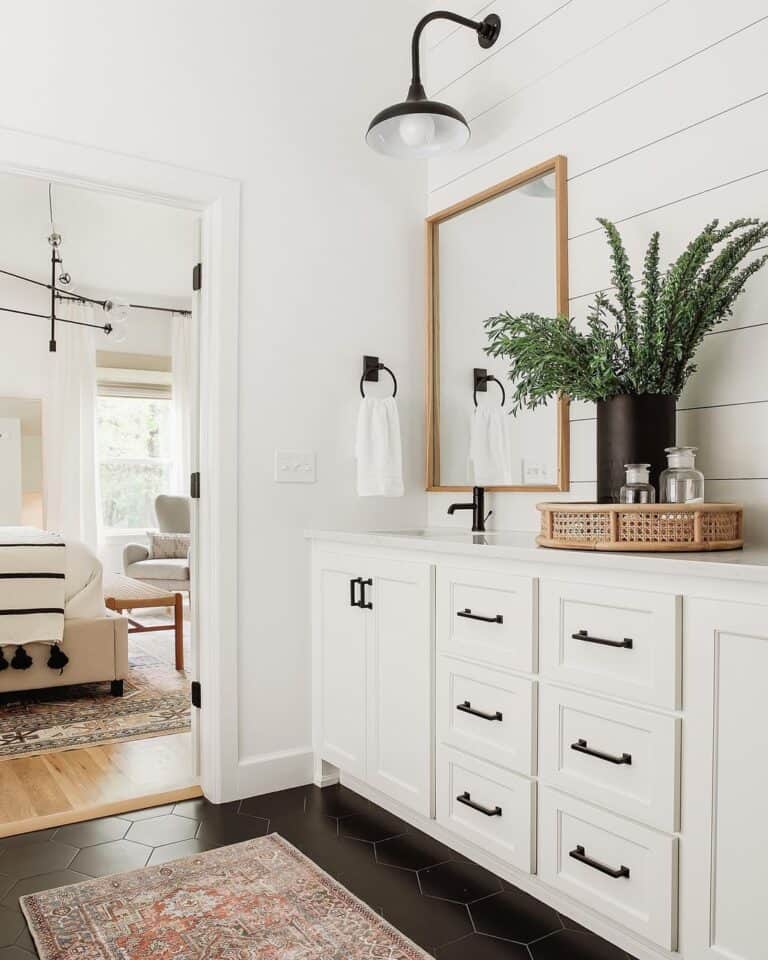 Deep Brown Hexagon Tile in a White Bathroom