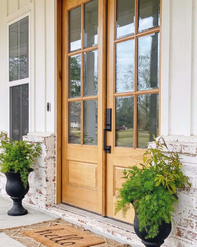 Double Wooden Front Door With Glass Panels