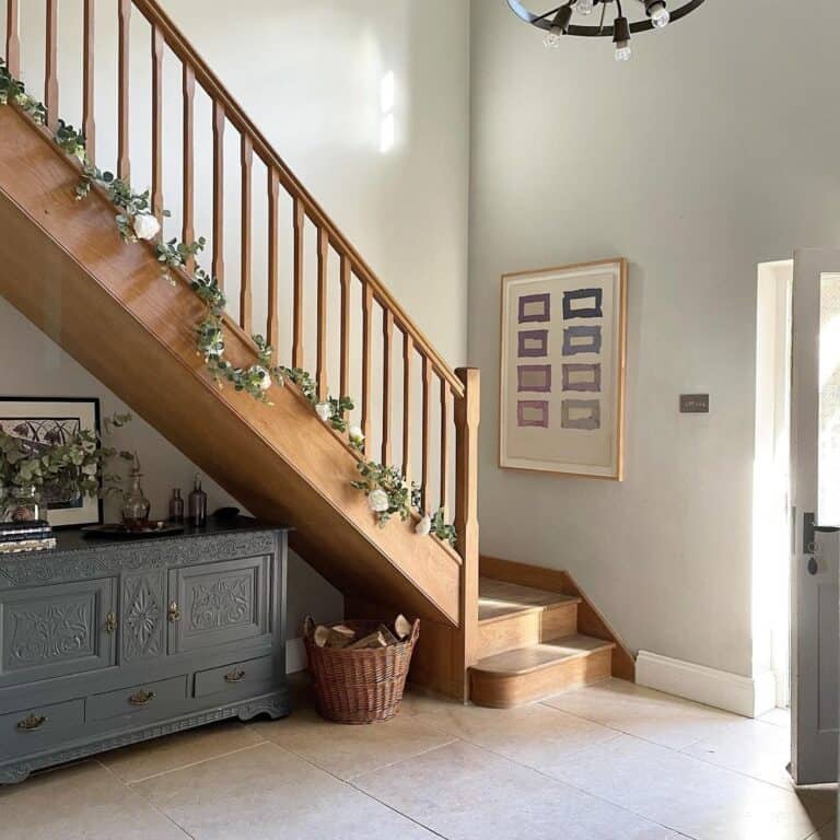 Entryway Staircase with Wooden Stair Spindles