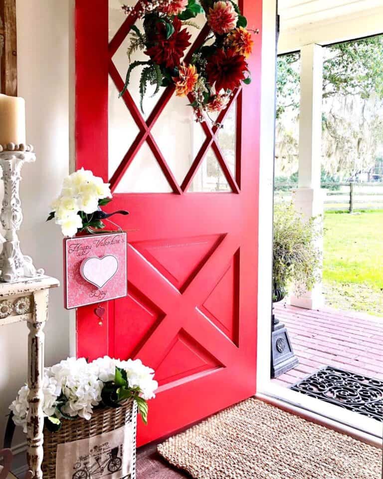 Farmhouse Style Red Front Door With Glass