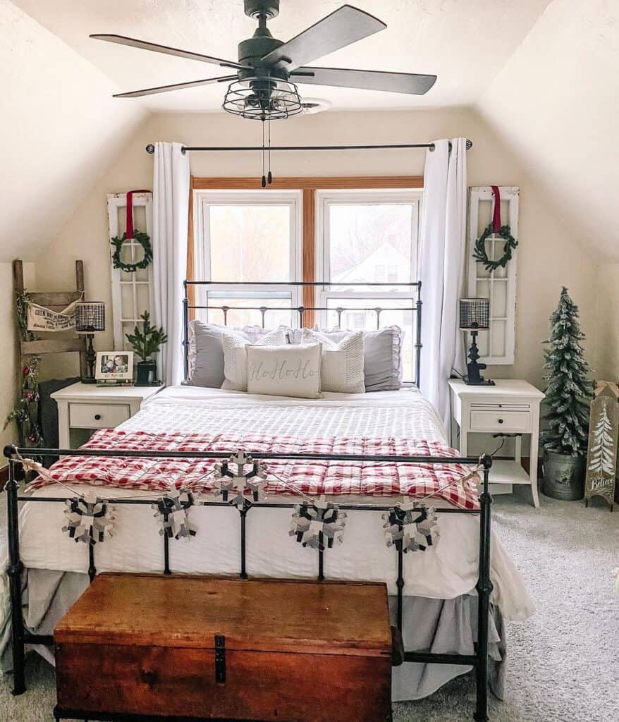 Gabled Bedroom with Red and White Checkered Quilt