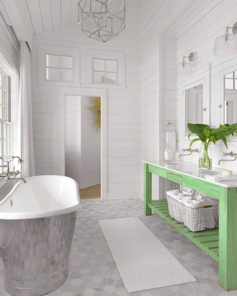 Gray Bathroom with Green Vanity