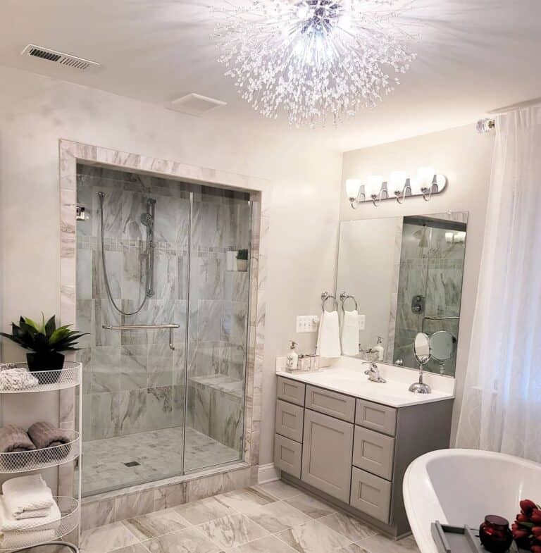 Gray Tile Bathroom with Dandelion Light