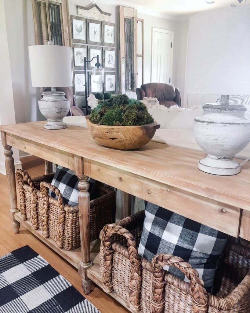 Grecian-style Lamps on a Wood Console Table