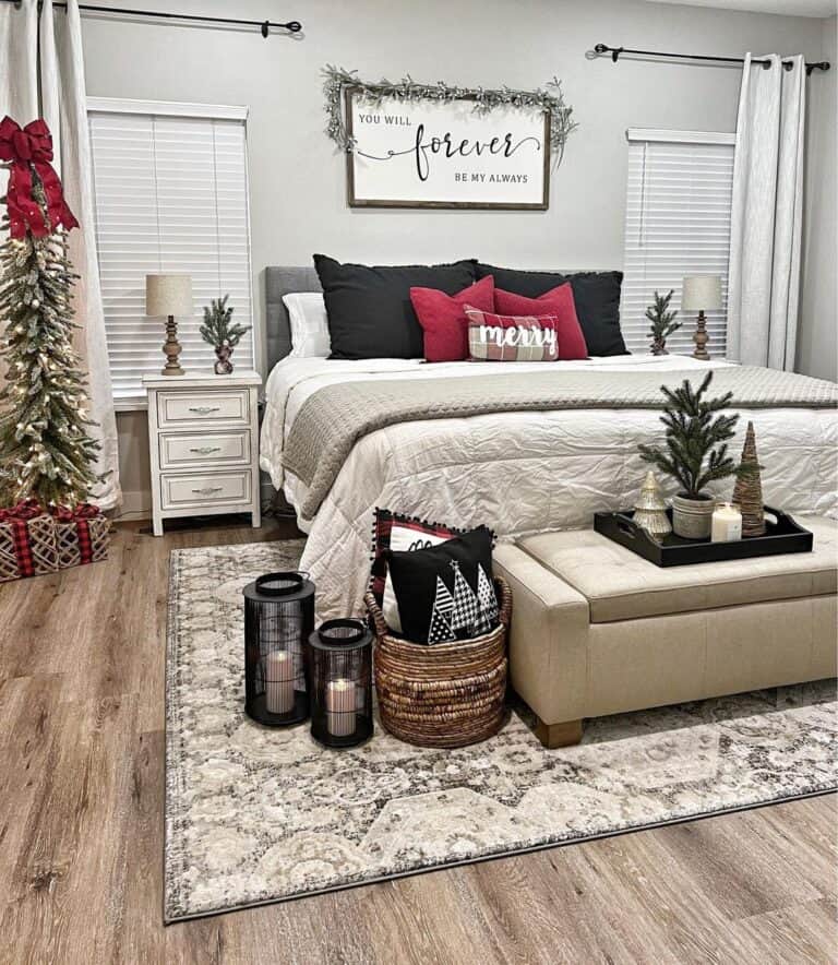 Grey Christmas Bedroom with Red Accents