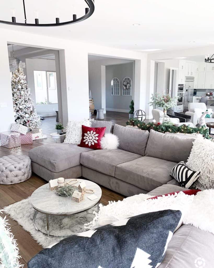 Grey Couch with Christmas Throws and Pillows