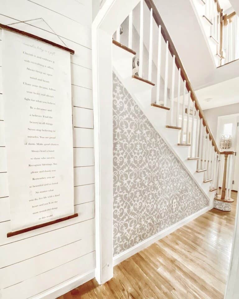 Grey Wallpaper Staircase with White Square Spindles