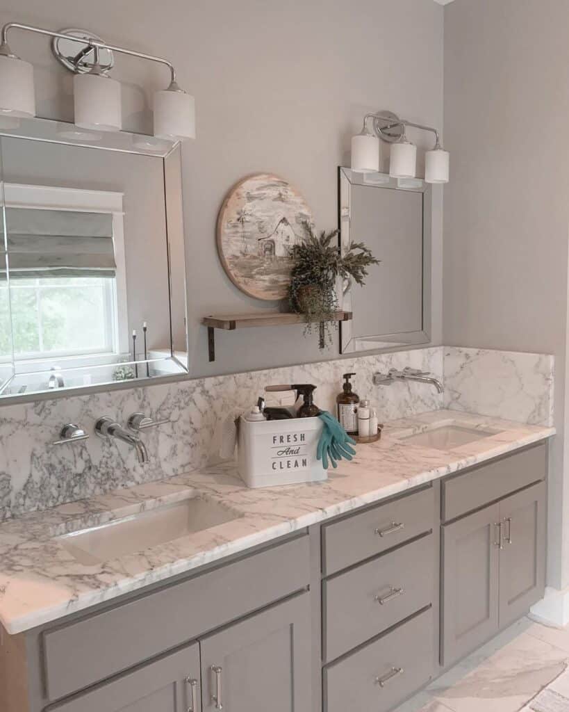 Grey and White Marbled Backsplash and Countertop