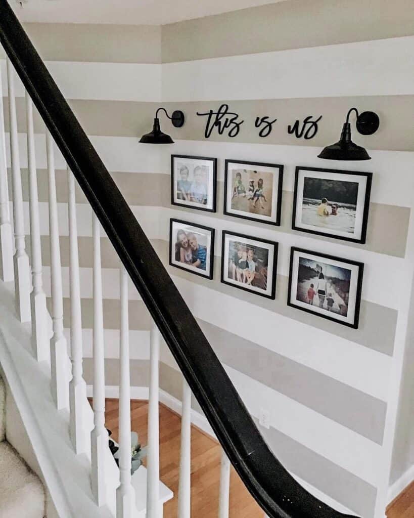 Hallway with Striped Walls and Family Photos