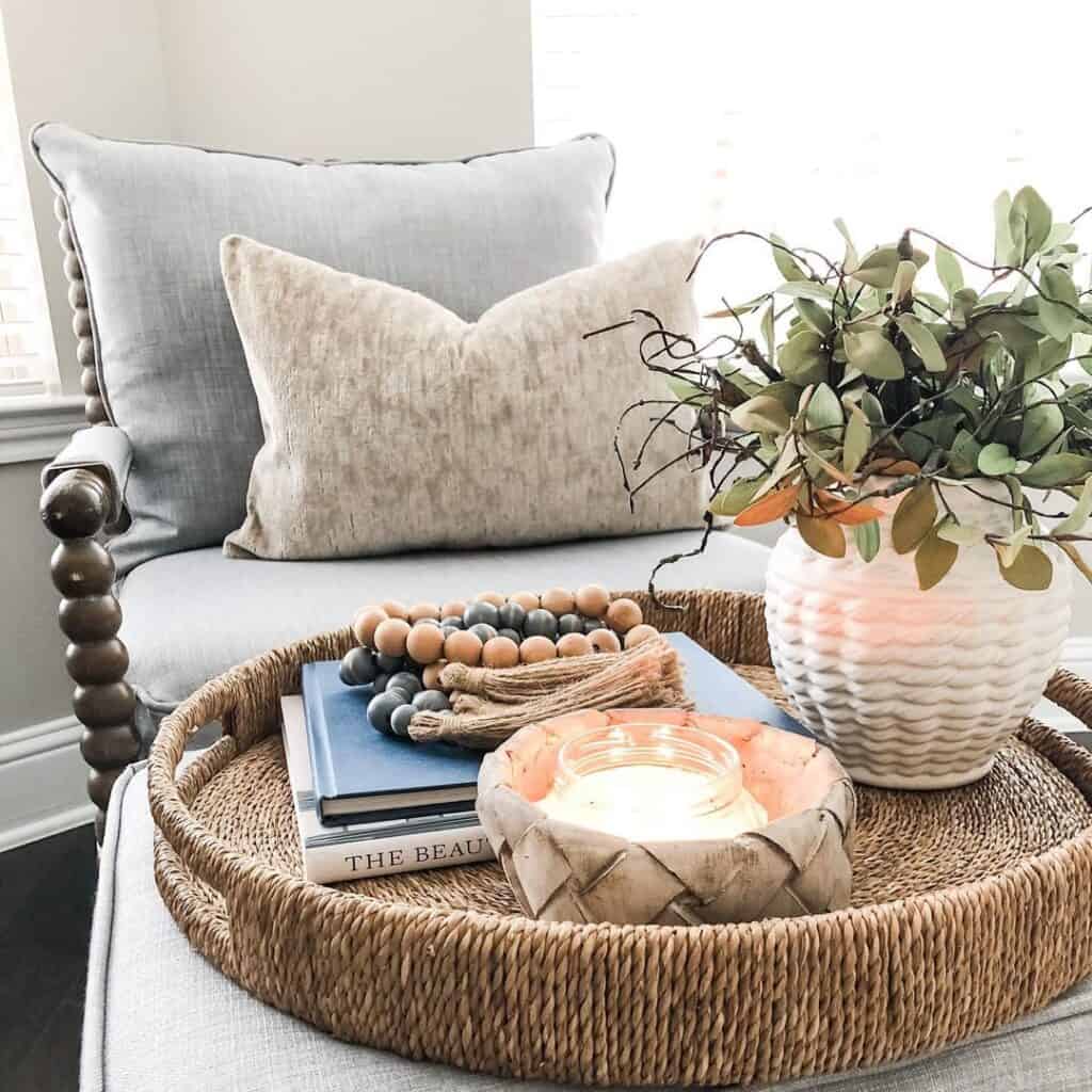 Large Round Rope Tray on a Cushioned Ottoman