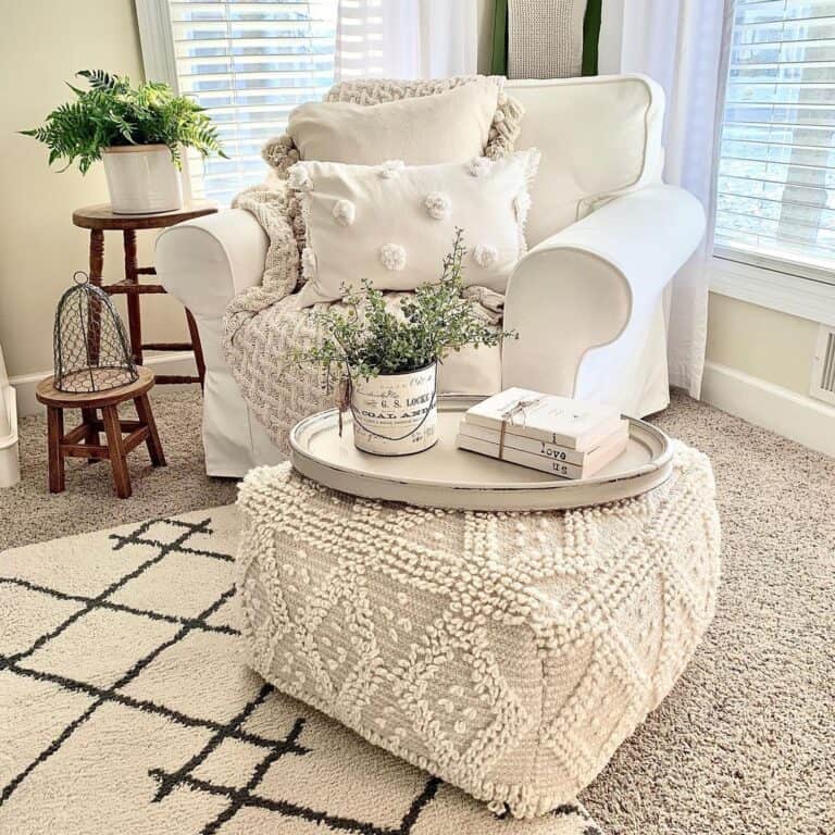 Large Round Tray on a White Ottoman
