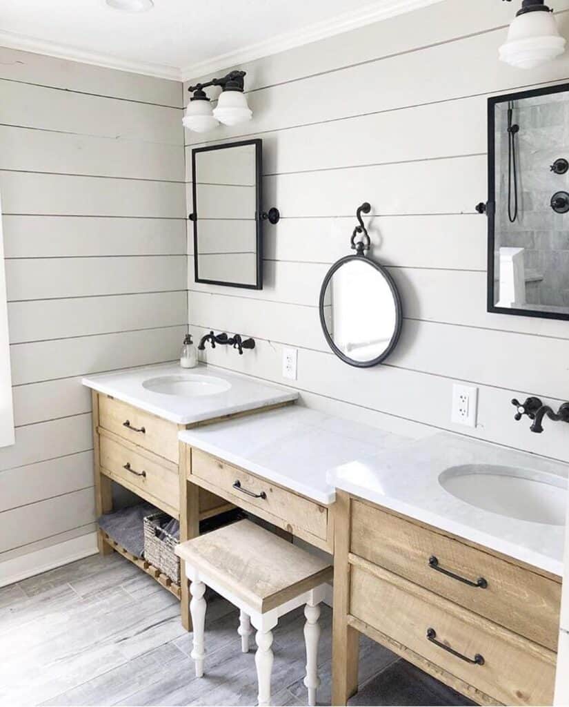 Light Gray and Wood Shiplap Bathroom