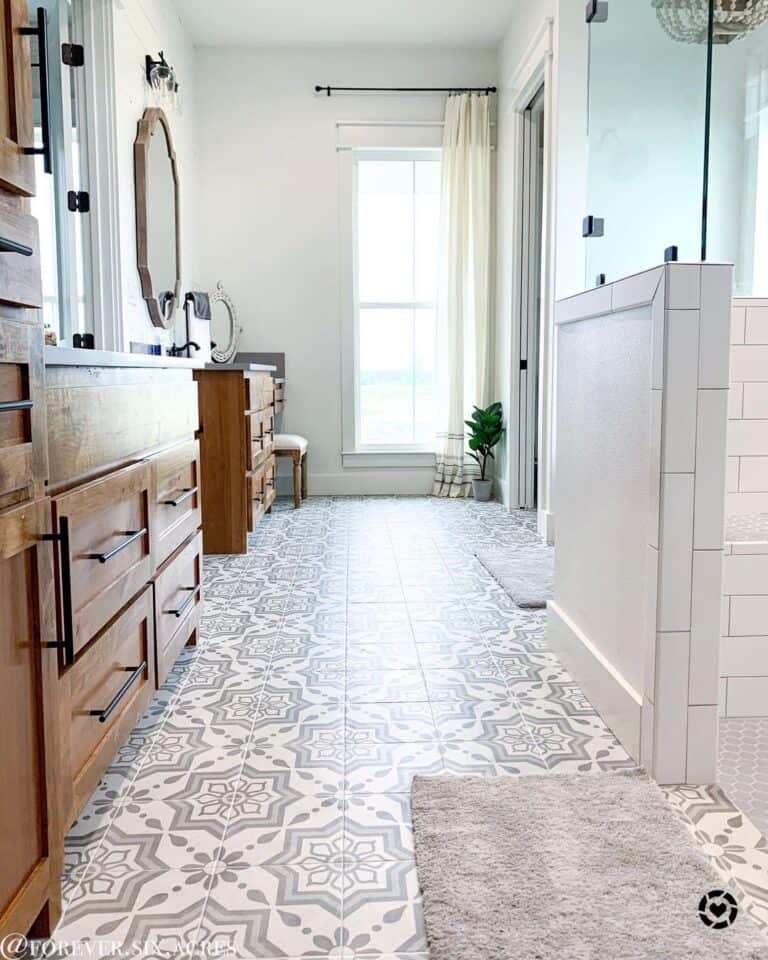 Long Ornate Tile Floor in a Bathroom
