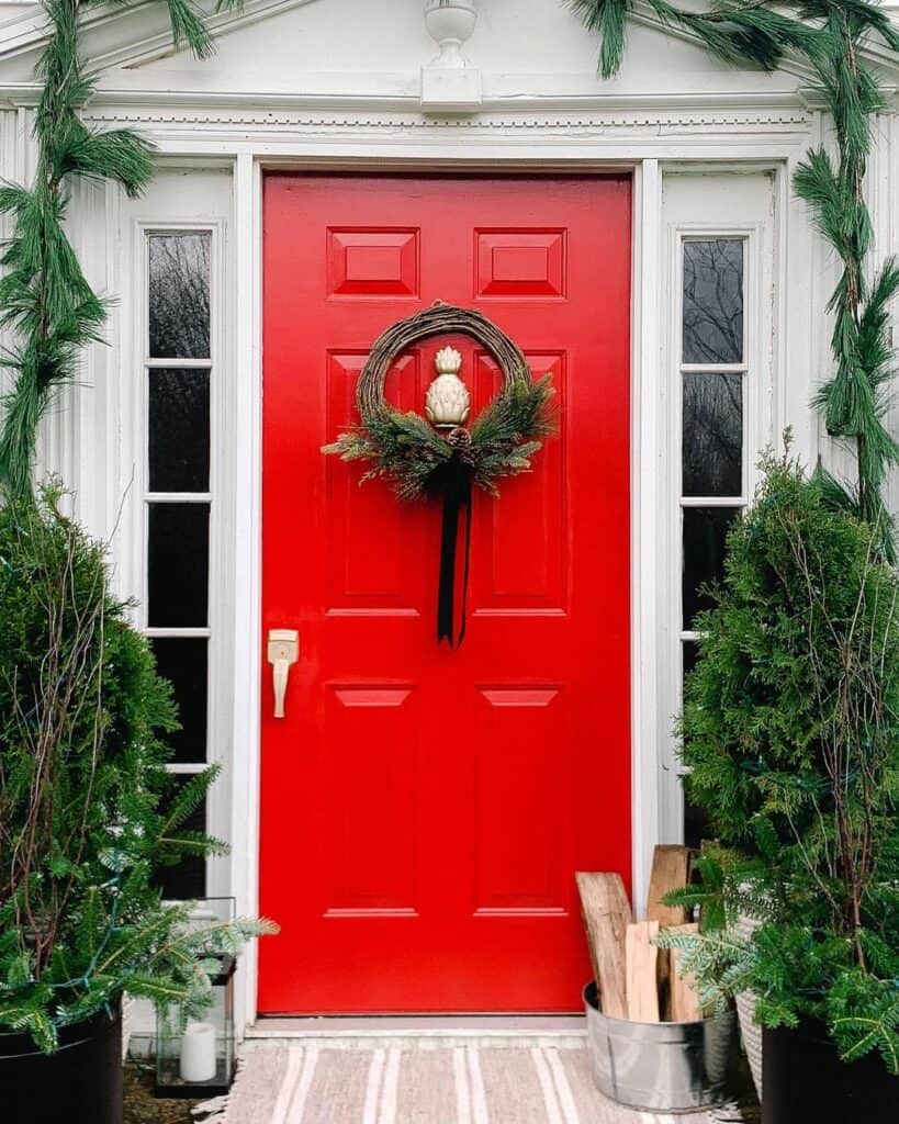 Modern Red Front Door With Pine Accents