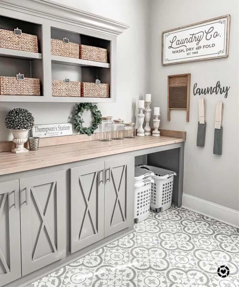 Ornate Gray and White Laundry Room Tiled Floor