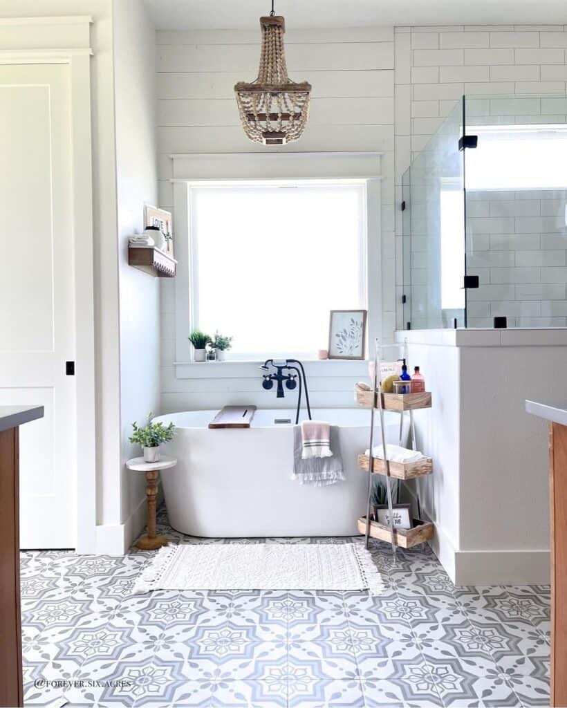 Ornate Grey Tile Floor Beneath Large tub