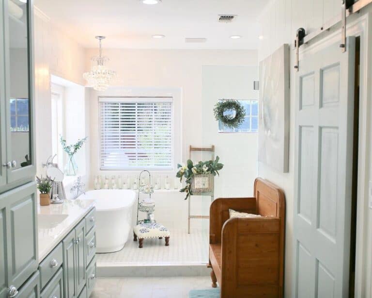 Painted Barn Door Enhances White Bathroom