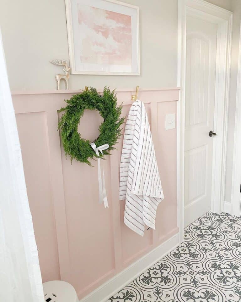 Patterned Tile Paired with Pink Wainscoting