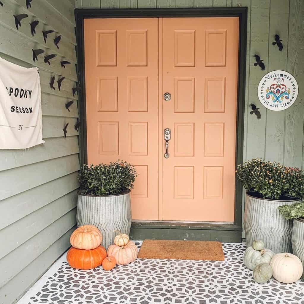 Peach Pink Front Door With Black Frame