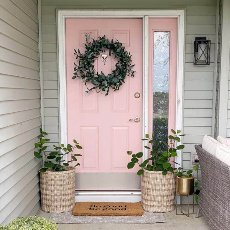Pink Front Door on Accessorized Porch